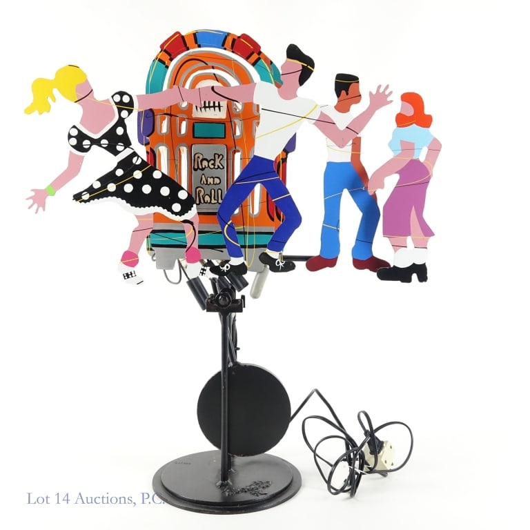 Frederick Prescott Kinetic Sculpture - Rock & Roll (LOCAL / 3rd Party Shipping only): *** LOCAL or 3rd PARTY SHIPPING ONLY. LOT 14 will NOT ship this lot from our shop. *** Kinetic mobile sculpture and pedestal - hand painted metal and acrylic by Frederick Prescott (b. 1949 California 