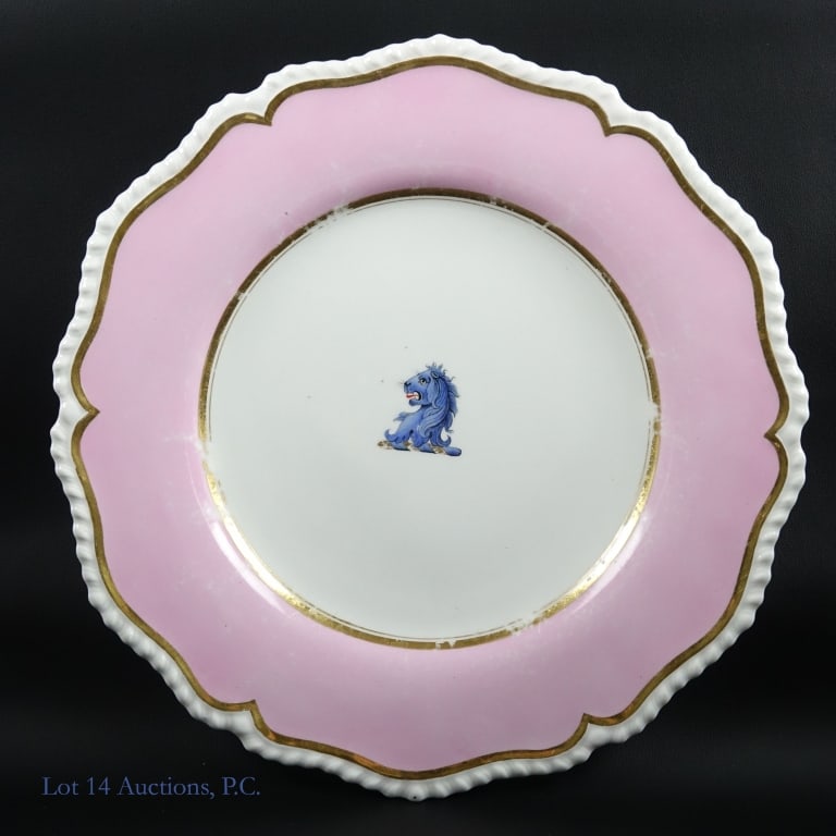 Flight, Barr & Barr Armorial Porcelain Plate, Lion: Flight, Barr & Barr Armorial Porcelain Plate, pink border centering a hand painted lion crest, with gilt highlights. Some general ware. No chips, cracks or repairs. Please see photos for condition.