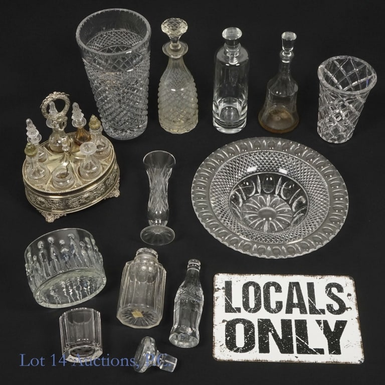 Crystal/Glass Vases, Decanters, Etc. (LOCAL / 3rd Party Shipping only): ****LOCAL PICK-UP or third party shipping ONLY. This is a mixed lot of crystal and glass jars, decanters, vases, bowls and more. Lot also includes an antique silver plated cruet set. one bottle within
