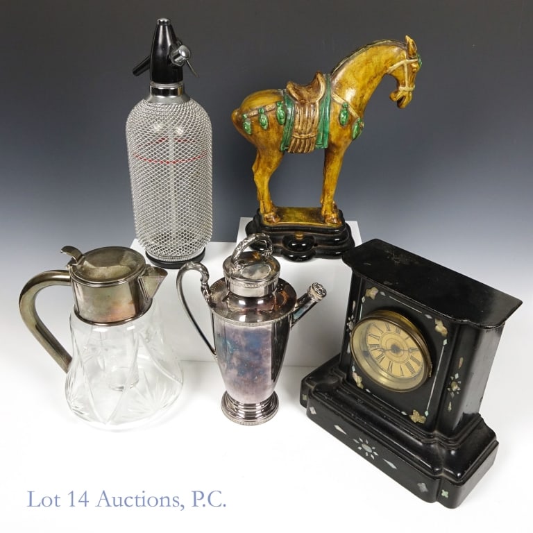 Iced Tea Pitcher, Seltzer Bottle More (LOCAL / 3rd Party Shipping only): LOCAL PICK-UP or third party shipping ONLY. This is a mixed lot containing: 1-Iced tea pitcher (jug with chiller insert), with a silver plated handle and lid, produced in West Germany. 2-Seltzer bottl