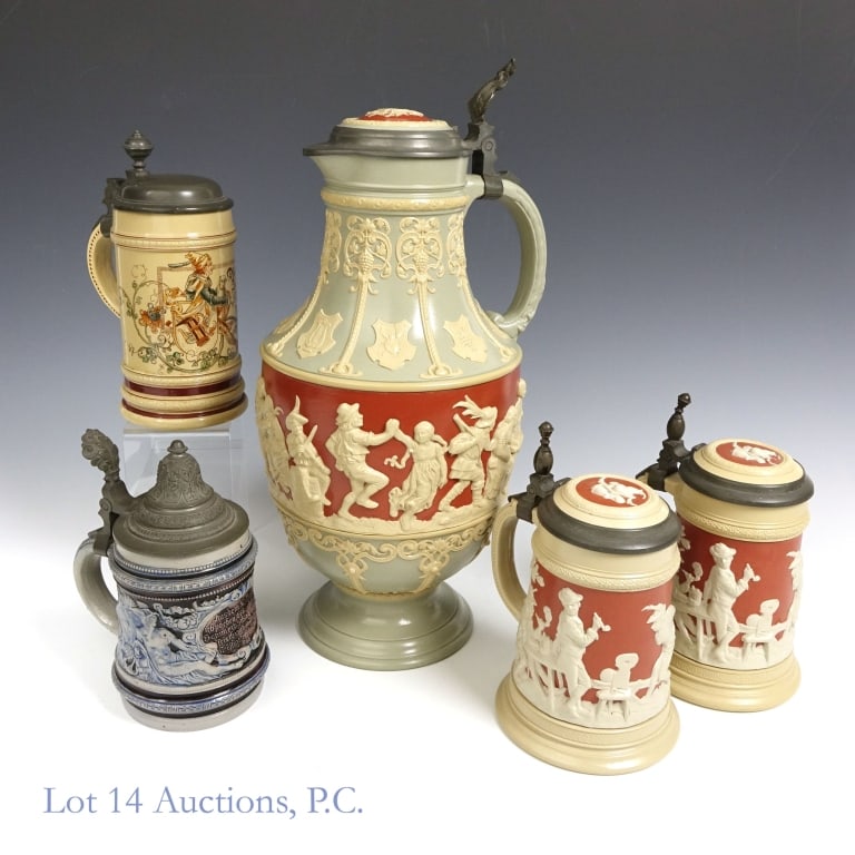 Mettlach Steins and Master Stein (5) (LOCAL / 3rd Party Shipping only): Mettlach Steins and Master Stein (5). LOCAL PICK UP OR THIRD PARTY SHIPPING ONLY. Collection of three (3) Mettlach steins, one (1) Mettlach Master stein and one (1) Merkelbach & Wick stein. #2086 "Pea