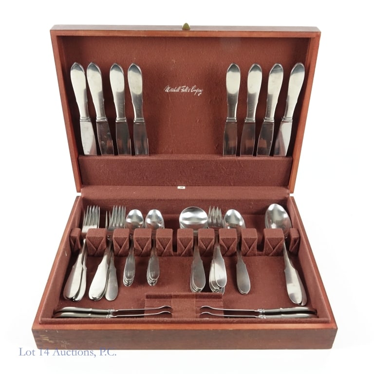 George Jensen Stainless Steel Flatware Set 52 Pcs: George Jensen stainless steel flatware set. Made in Denmark. Pieces show wear. Research indicates this may be the "Mitra" style. Includes: Dinner knives (8 - approximately 9" long), dinner forks (8 -