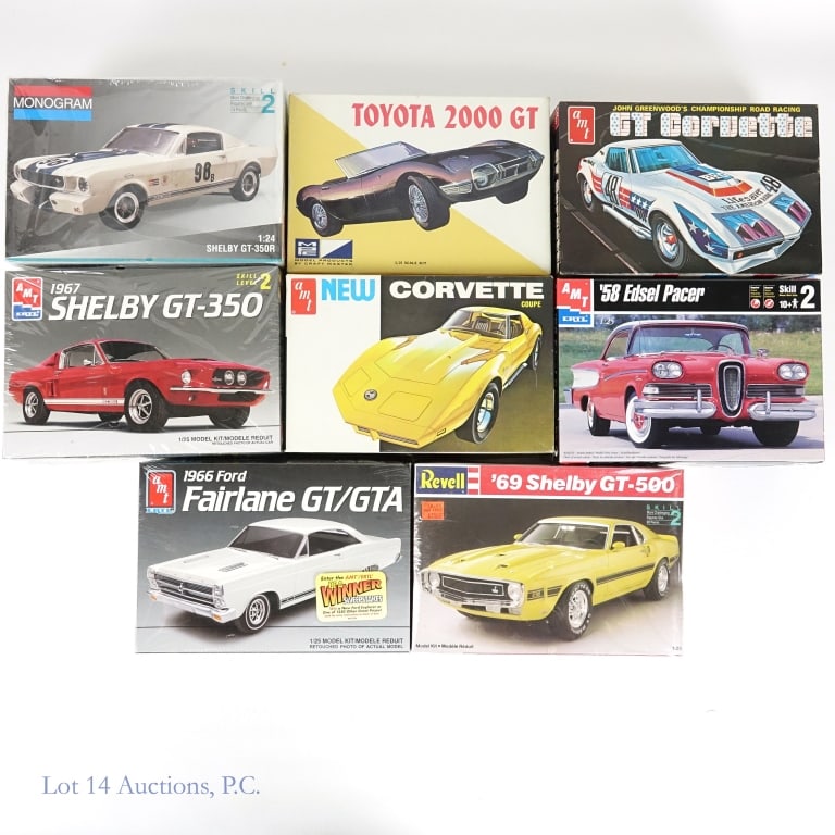 398Car Model Kits - Fords, Corvettes, Toyota (8): 8 Car Model Kits. Includes: AMT ERTL 1:25 1958 Edsel Pacer. AMT ERTL 1:25 1966 Ford Fairline GT/GTA. AMT ERTL 1:25 1967 Shelby GT-350. Revell 1:25 1969 Shelby GT-500. Monogram 1:24 Shelby GT-350R. AMT