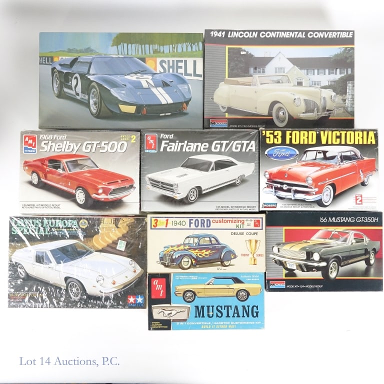 Car Model Kits - Mustangs, Convertibles, Etc (9): 9 Car Model Kits. Includes: AMT 1940 Ford Deluxe Couple. Monogram 1:24 1941 Lincoln Continental Convertible. Lindberg 1:25 1953 Ford Victoria. AMT ERTL 1968 1:25 Ford Shelby GT-500. Monogram 1:24 1966