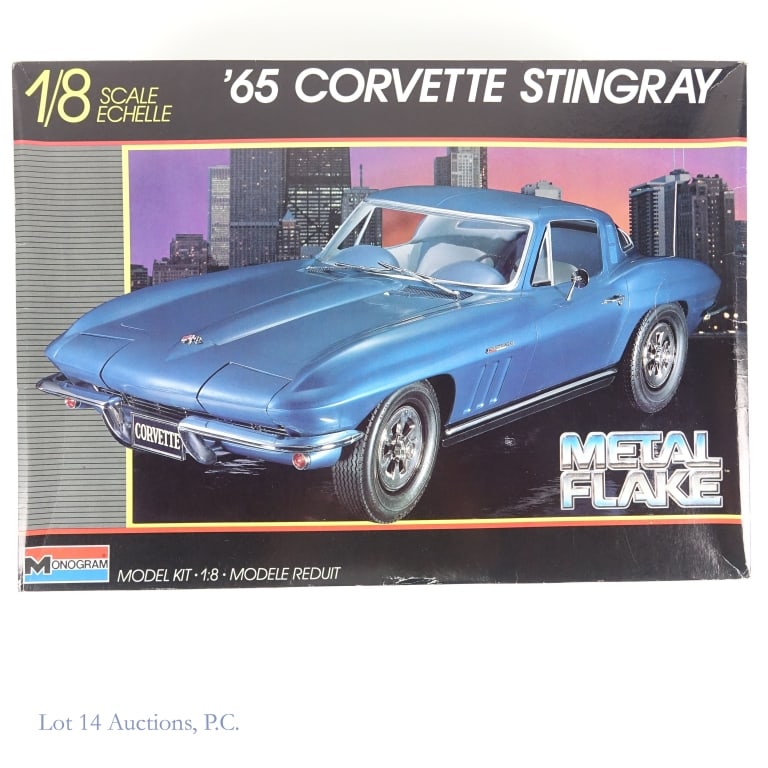 Monogram 1965 Corvette Stingray Car Model Kit: Monogram 1965 Corvette Stingray "Metal Flake" Car Model Kit. 1:8 scale. With original box. The kit appears to be complete, but not guaranteed.