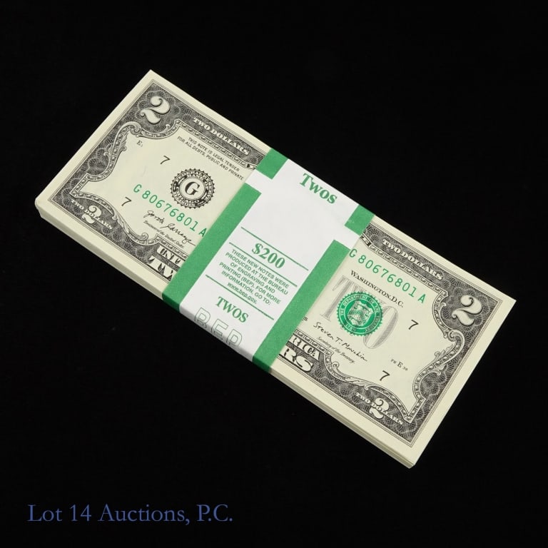 2017-A $2 Fed Reserve Notes CU Consec. S/Ns (100): (F-1941G) one hundred (100) series 2017-A $2 Federal Reserve notes - green seal (Carranza / Mnuchin) in bank strap. Has consecutive serial numbers G-806776801-A to 80676900-A. Per consigner, in crisp 