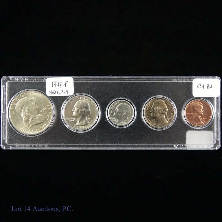1948 (P) USA Silver 5-Coin Year Set (CH BU): 1948 United States 90%-silver 5-coin year set (Philadelphia Mint) in plastic Whitman capital holder for protection. Per consigner, coins grades CH BU. Denominations and mintages as follows: ---Lincoln