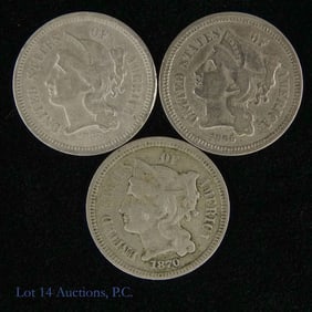 1866 - 1870 USA Nickel 3 Cent Pieces (3)