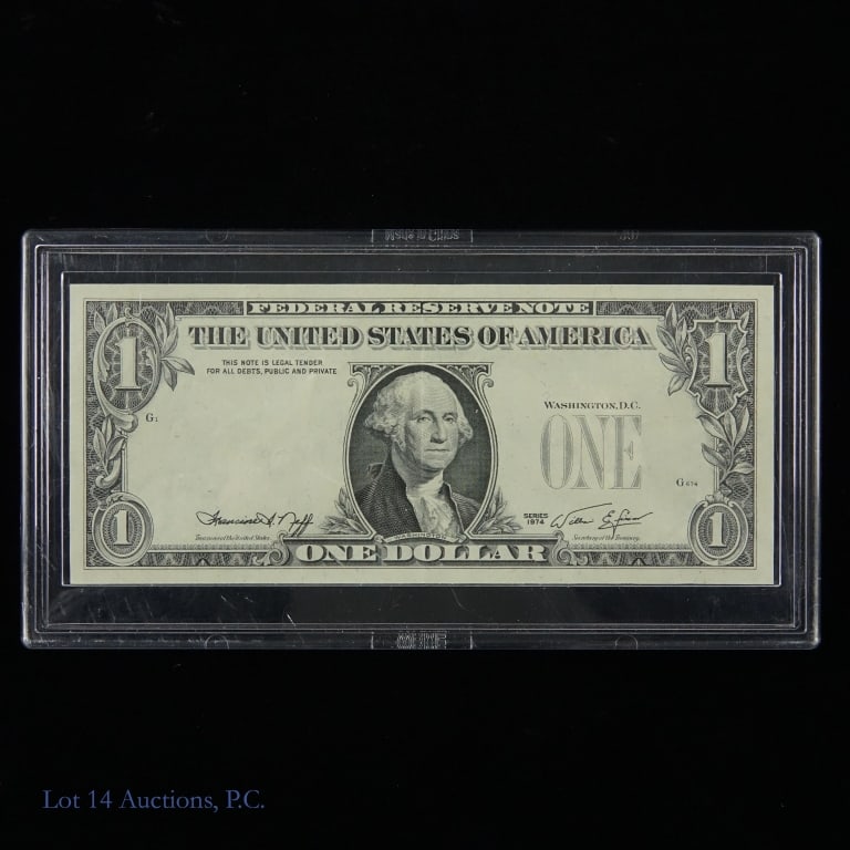 1974 USA $1 FRN "3rd Print Missing" Error Note: 1974 United States $1 Federal Reserve note with third printing missing. Per consigner, grades CU. Per Whitman's Arthur & Ira Friedberg "Guide Book of U.S. Paper Money" price guide (8th edition) value 