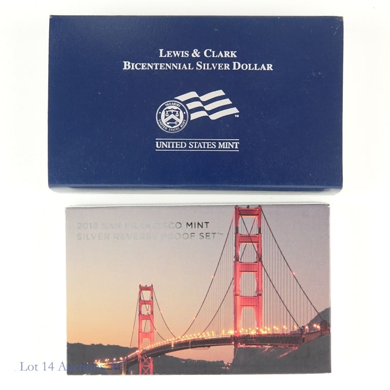 2004 - 2018 USA 90%-Silver Comm. Coin & Set (2): United States silver commemorative coin and set (Philadelphia, San Francisco Mints) in OGP as follows: ---2004 (P) Lewis & Clark 200th anniversary commemorative 90%-silver uncirculated dollar (mintage