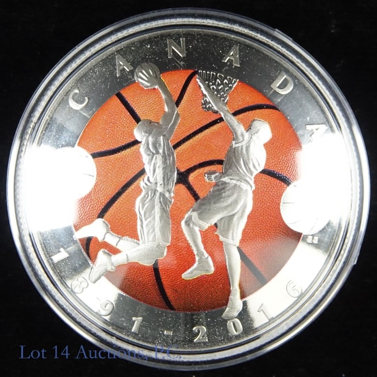2016 Canada Silver 125th Ann. Basketball $25 Coin: 2016 Canada silver concave / convex $25 coin (Royal Canadian Mint) in OGP. Commemorates 125th anniversary of invention of basketball by Canadian Dr. James Naismith. Designer Glen Green. Metal is 99.99