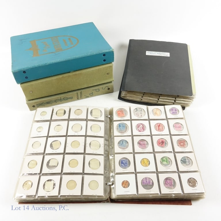 U.S. & World Stamp Albums (5): Five (5) albums of various United States and world stamps as follows: ---collector made albums with stamps stored in 2 x 2 cardboard holders. one album includes several unused stamps in blocks, severa