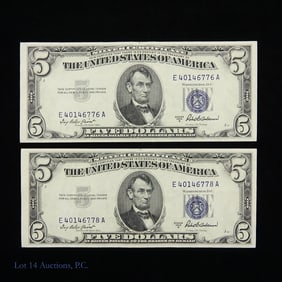 1953-A $5 Silver Cert. Blue - Consec. S/Ns (2)