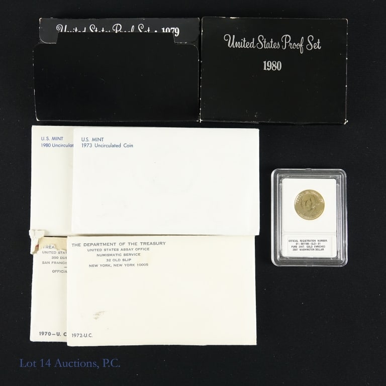 USA Proof, Mint Sets & Gold-Plated $1 (7): Seven (7) United States proof & mint sets (Philadelphia, Denver, San Francisco Mints) and a 24kt gold-plated dollar as follows: ---uncirculated mint sets: --1970 P-D-S 10-coin set, --1972 P-D-S 11-coi