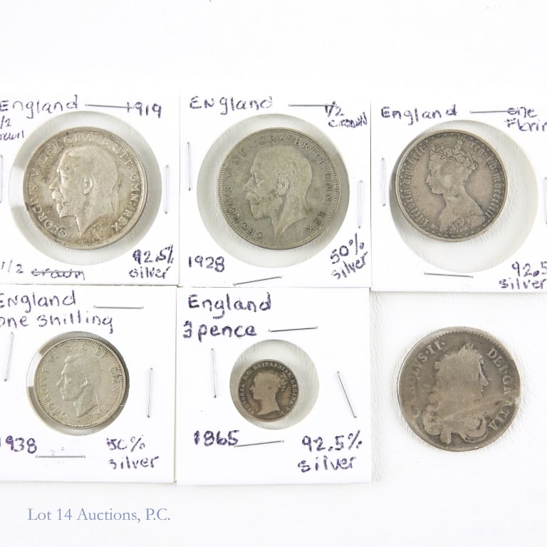 1670 - 1938 U.K. Various Silver Coins (6): Six (6) United Kingdom various silver coins as follows: ---1670 Charles II 92.5%-silver 1/2 crown; ---1865 Victoria 92.5%-silver 3 pence; ---(1853) Victoria 92.5%-silver one florin coin; ---1919 Georg