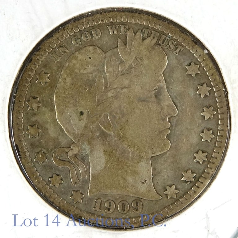 1909-D USA Silver Barber Quarter (PCGS SE 9,000): 1909-D United States silver Barber quarter (Denver Mint). Designer Charles E. Barber. Per consigner, six letters of "liberty" clearly visible. Metal is 90% silver. Mintage is 5,114,000 with a PCGS sur