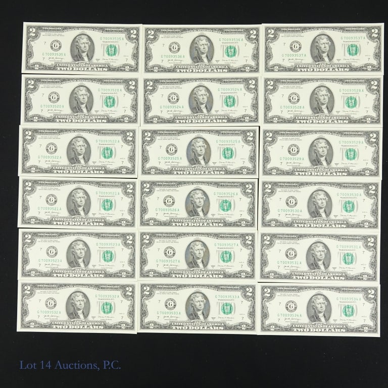 2017-A $2 Fed Reserve Notes CU Consec. S/Ns (30): (F-1941G) thirty (30) series 2017-A $2 Federal Reserve notes - green seal (Carranza / Mnuchin) in plastic holder. Has consecutive serial numbers G-70093520-A to G-70093549-A. Per consigner, in crisp u