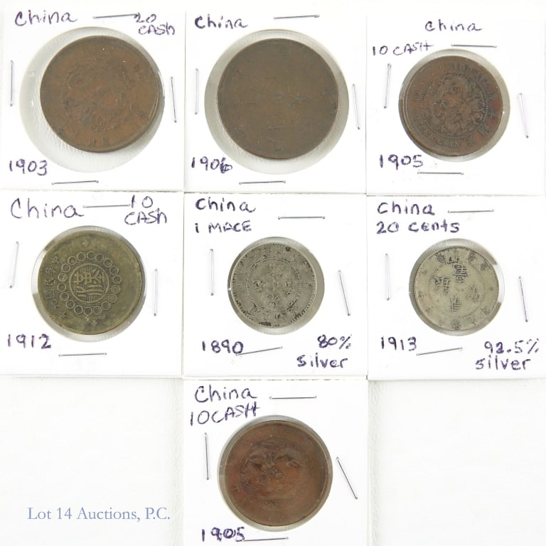 1890 - 1913 China Silver & Copper Coins (7): Seven (7) China coins as follows: ---1890 80% silver 1 mace coin; ---1903 Hu Pau 20 cash coin; ---1905 Tai-Ching-Th-Kuo-copper coin 10 cash; ---1905 Kiang Soo 10 cash coin; ---1906 Tai-Ching-Ti-Kuo co