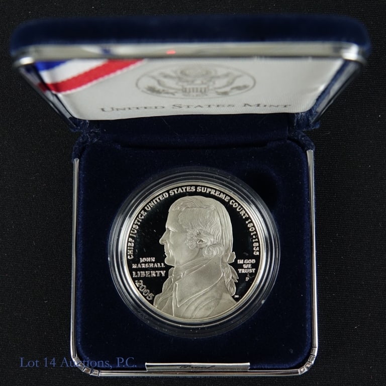 2005 (P) USA Silv. Proof Chief Justice Marshall $1: 2005 (P) United States silver proof Chief Justice John Marshall commemorative dollar (Philadelphia Mint) in OGP with COA. Designers: obverse John Mercanti and reverse Donna Weaver. Per consigner, grad