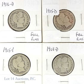 1908 - 1916 USA Silver Barber Quarters (G+) (4)