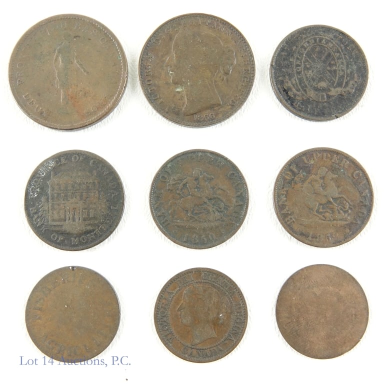 1837 - 1859 Canada Copper Tokens & Coin (9): Nine (9) Canada early copper half cent and cent coins and tokens as follows: ---1837 City Bank one penny token; ---1844 Bank of Montreal 1/2 penny token; ---1850 Bank of Upper Canada 1/2 penny token;