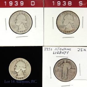 1936 - 1939 USA 90%-Silver SL & Wash. Quarters (4)