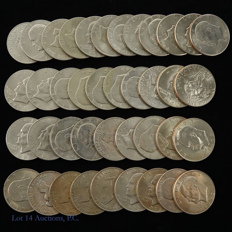 USA Clad Eisenhower Dollars Rolls (40): Forty (40) United States clad Eisenhower dollars (Philadelphia, Denver Mints) in three square plastic coin roll holders as follows: ---1972-D grades BU roll (9); ---1972 (P) grades BU roll (8); and --
