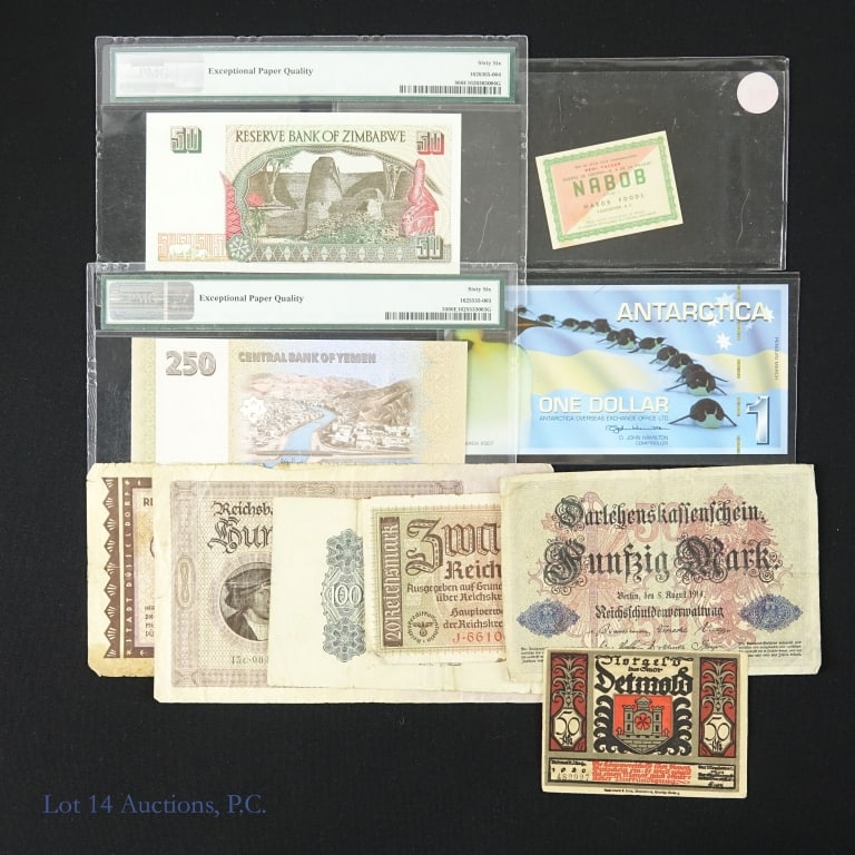 World Currencies (10): Ten (10) various world currencies as follows: ---German notes: --1914 50 marks (WW1); --1920? 20 marks; --1920 50 marks, --1923 100 marks; --1923 100,000 marks; and ---1923 one million marks (6); ---1