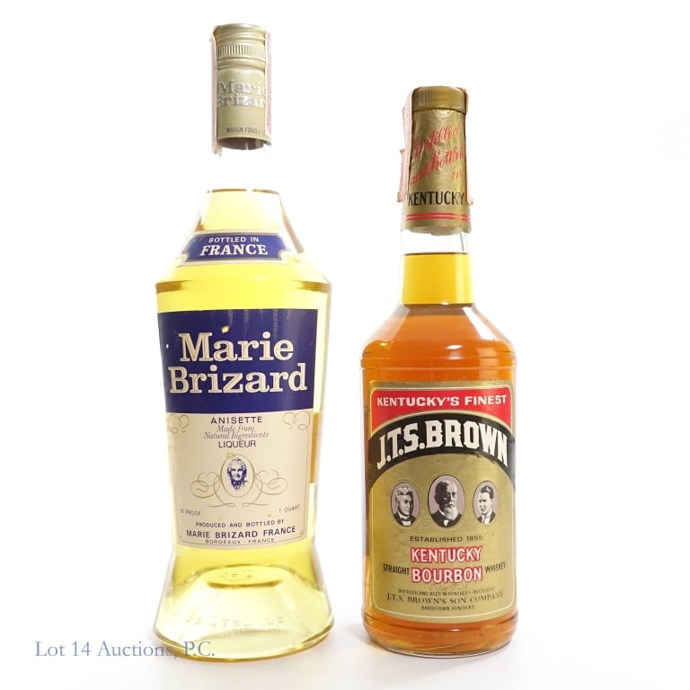 Marie Brizard, J.T.S. Brown (2): 1 bottle of Marie Brizard bottled (1976 bottle mold) and produced in Bordeaux, France. 50 proof, 1 quart. 1961-1977, Series 112, U.S. Internal Revenue tax strip. 1 bottle of J.T.S. Brown Kentucky Bour