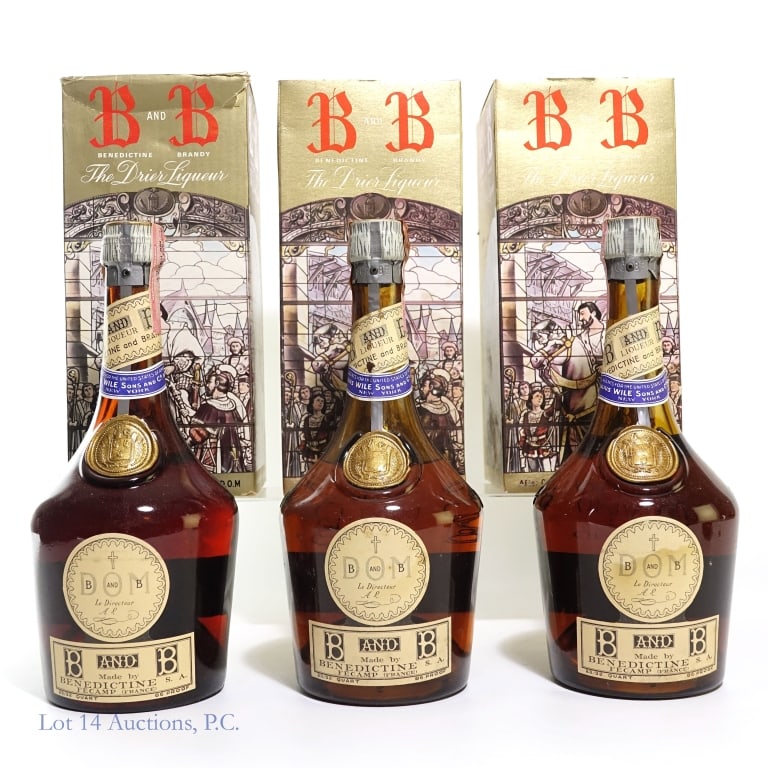 B&B DOM Le Directeur Brandy Liqueur (3): 3 bottles total in this lot. B&B DOM Le Directeur Brandy Liqueur, 86 Proof, 23/32 Quart (x3). Two of the boxes are starting to fall apart / are ripped, and another bottle and box are damaged from mois