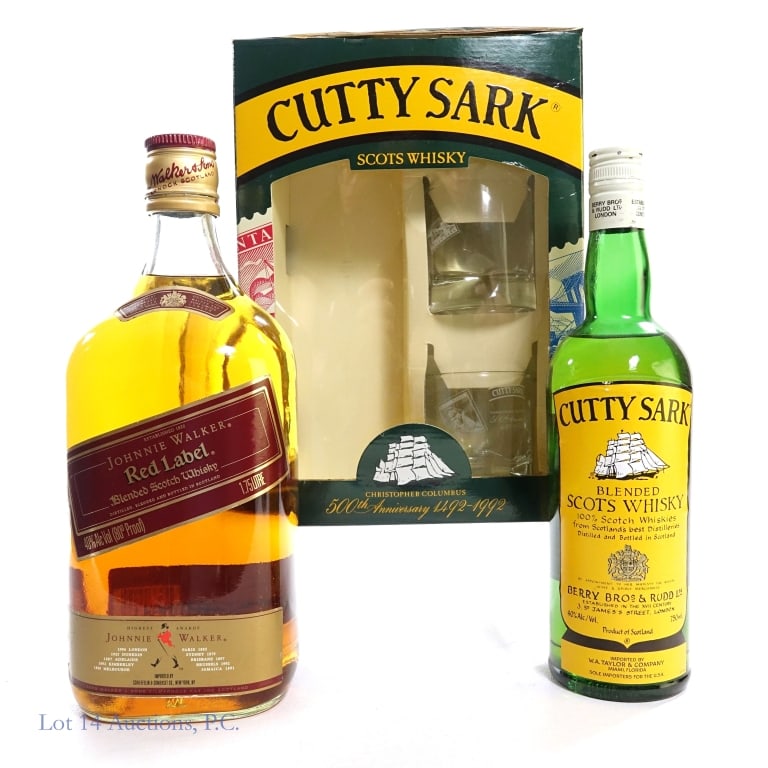 Johnnie Walker Red Label, Cutty Sark Set (2): 1 - One bottle of Johnnie Walker Red Label, 80 Proof, 1.75 litre. Some damage to the labels on bottle. 2 - One bottle of Cutty Sark Scots Whisky in a Christopher Columbus 500th Anniversary Gift Set wi