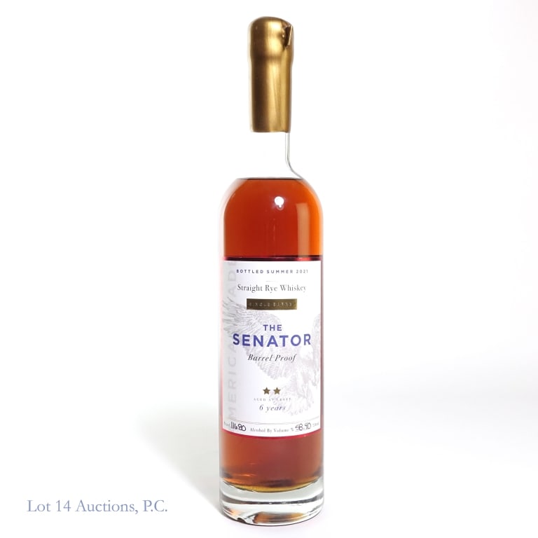 The Senator 6 Year SB Barrel Proof Rye (2021): The Senator 6 Year Single Barrel, Barrel Proof Rye (2021), 116.8 Proof, 750 ml, Bottled: Summer 2021. Some sediment visible. Wax is cracked at very top of bottle.