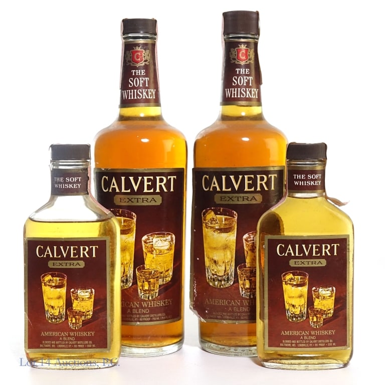 Calvert Extra Blended American Whiskey (4): 4 bottles total in this lot. 1-1960s/1970s Calvert Extra Blended American Whiskey, 80 Proof, 750 ml, early 1960s-late 1970s tax strip.**front label badly worn and peeling, tax strip in fair condition 