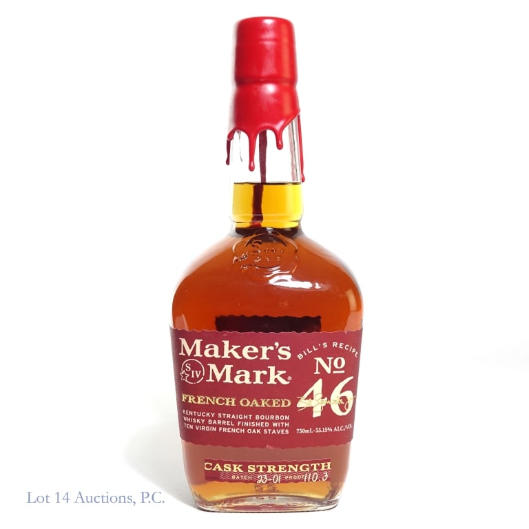 Maker's Mark French Oaked Bourbon: Maker's Mark French Oaked Bill's Recipe No. 46 Bourbon, 110.3 Proof, 750 ml, Batch #23-01. Small part of wax seal is loose but not broken.
