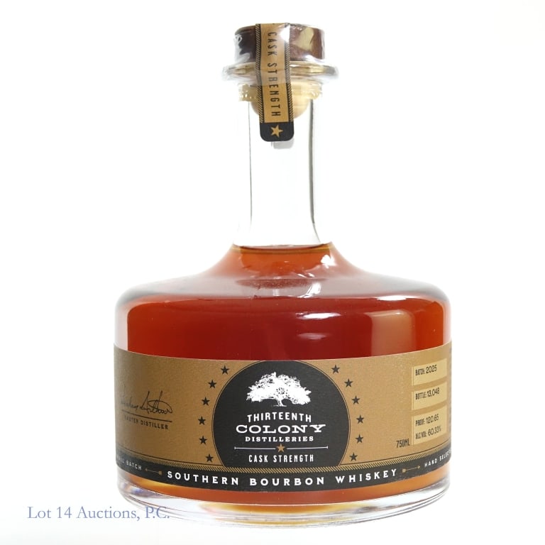 Thirteenth Colony Cask Strength SB Bourbon: Thirteenth Colony Cask Strength Small Batch Bourbon, 750 ml, 120.65 Proof, Batch 2025, Bottle #13,048.