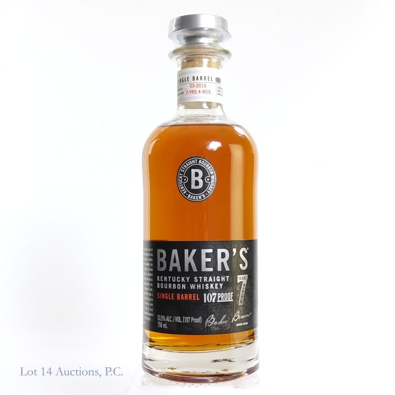 Baker's 7 Year SB Kentucky Straight Bourbon: Baker's 7 Year Single Barrel Kentucky Straight Bourbon, 107 Proof, 750 ml, Barreled: March 2016, Serial No. 000134146, Aged: 7 Years, 4 Months.