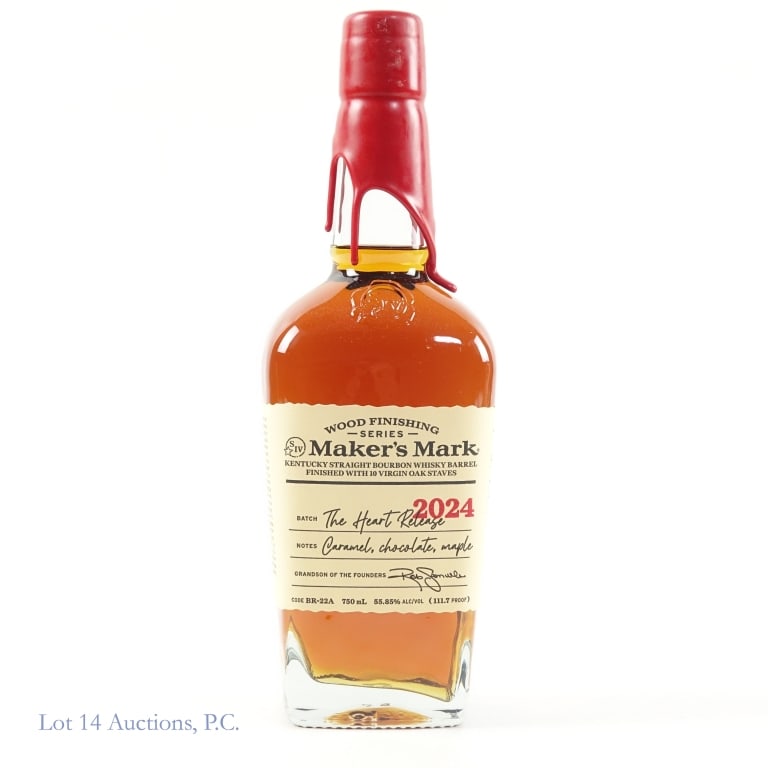 Maker's Mark WFS The Heart Release Bourbon (2024): Maker's Mark Wood Finishing Series Heart Release Bourbon (2024), 111.7 Proof, 750 ml, Code:BR-22A, Volume: 1 of 5, Bottled: April 2024, Stave Profile: 10 Toasted French Oak Staves.