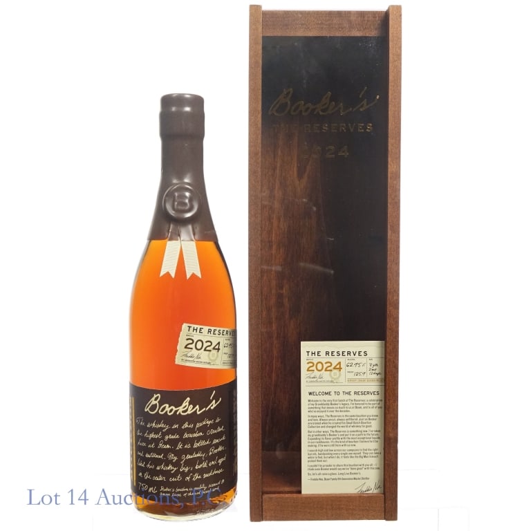 Booker's The Reserves Bourbon Whiskey (2024): Booker's The Reserves bottle (2024), 750ml, 129.5 proof, Aged: 8 years, 2 months, 12 days. Wood case is missing bottle neck holder.
