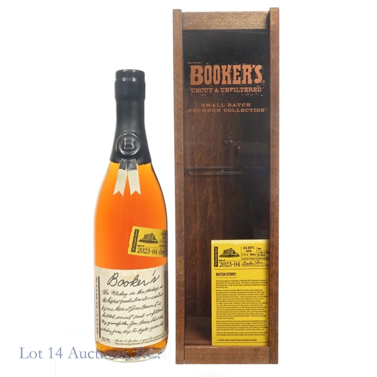 Booker's Small Batch Bourbon (2023-04): Booker's Small Batch Bourbon, The Storyteller Batch, 127.8 Proof, 750 ml, Batch #2023-04, Aged: 7 Years, 2 Month, 29 Days, Wooden box included.