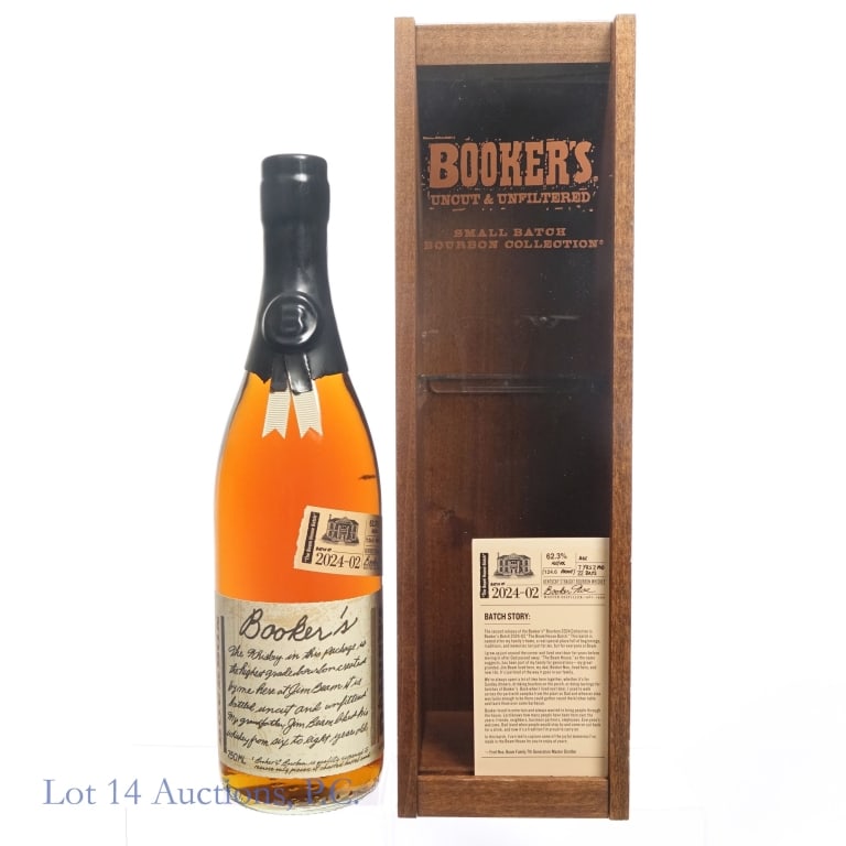 Booker's Small Batch Bourbon (2024-02): Booker's Small Batch Bourbon, The Beam House Batch, 124.6 Proof, 750 ml, Batch #2024-02, Aged: 7 Years, 2 Months, 22 Days, Wooden box included.