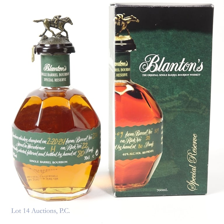 Blanton's Green Label SB Bourbon "N" *SEAL BROKEN*: Blanton's Green Label Single Barrel Bourbon, 80 Proof, 700 ml, Letter N, Dump Date: 02-20-24, Barrel #274, Bottle #210. *WAX SEAL IS CRACKED THROUGH BY PLASTIC TABS*. Right plastic tab is loose. The b
