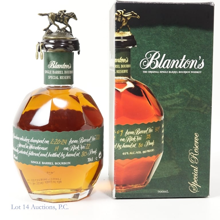 Blanton's Green Label SB Bourbon "N" *SEAL BROKEN*: Blanton's Green Label Single Barrel Bourbon, 80 Proof, 700 ml, Letter N, Dump Date: 02-20-24, Barrel #278, Bottle #77. *WAX SEAL IS SEVERLY BROKEN BY PLASTIC TABS*. Both plastic tabs are loose. The bo