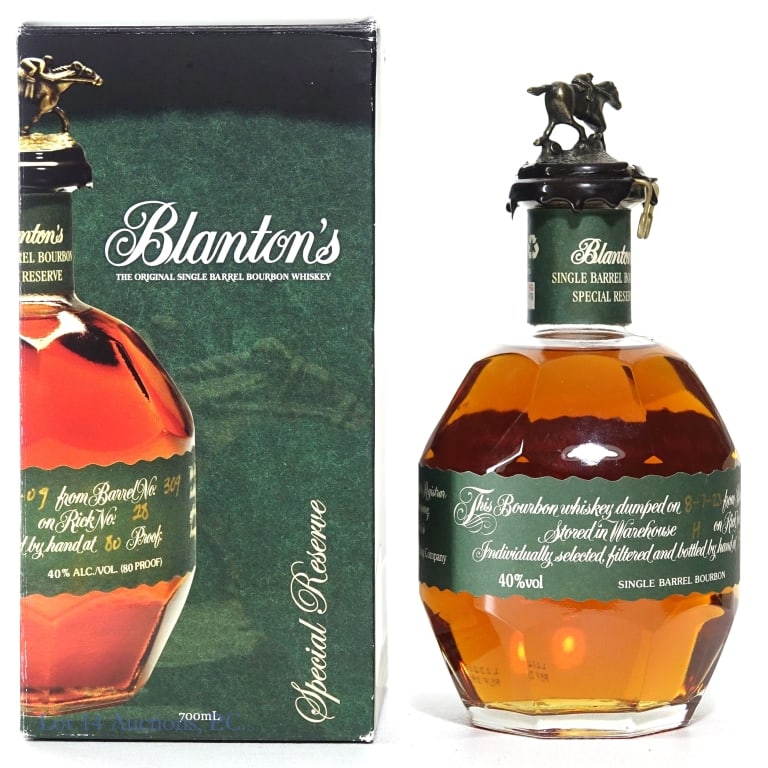Blanton's Green Label SB Bourbon "N" BROKEN SEAL**: Blanton's Green Label Single Barrel Bourbon, 80 Proof, 70 cl, Letter N, Dump Date: 08-07-23, Barrel #108, Bottle #56. Box included. NO bag. **Broken wax seal.** Please see photos.