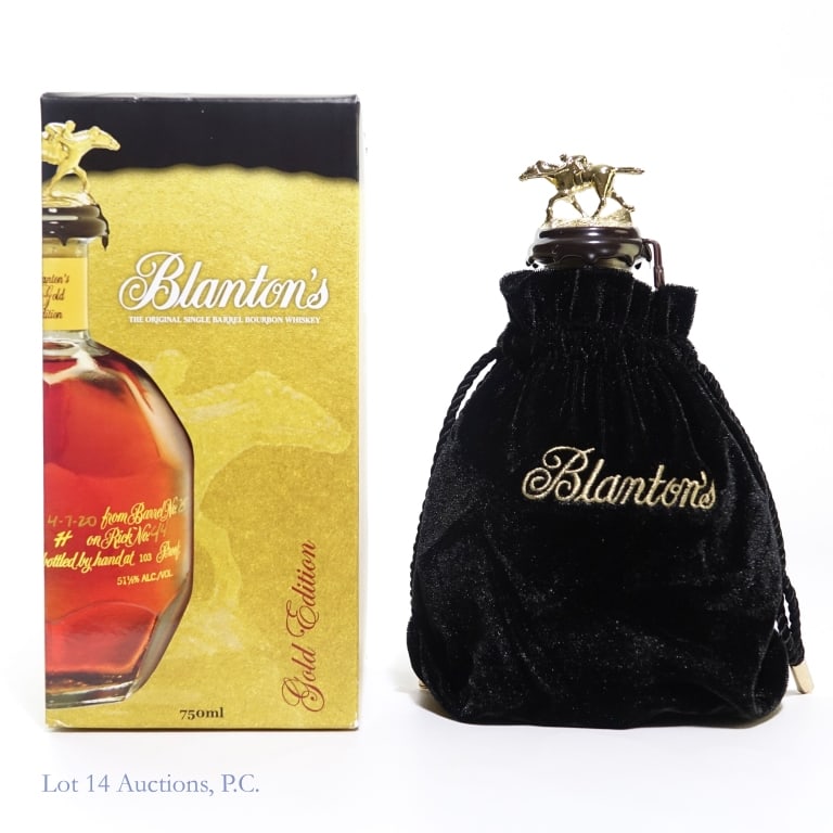 Blanton's Gold Edition Bourbon "N", 750 ml: Blanton's Gold Edition Bourbon, 103 Proof, 750 ml, Letter N, Dump Date: 02-12-25, Barrel #158, Bottle #37. Box and bag included.