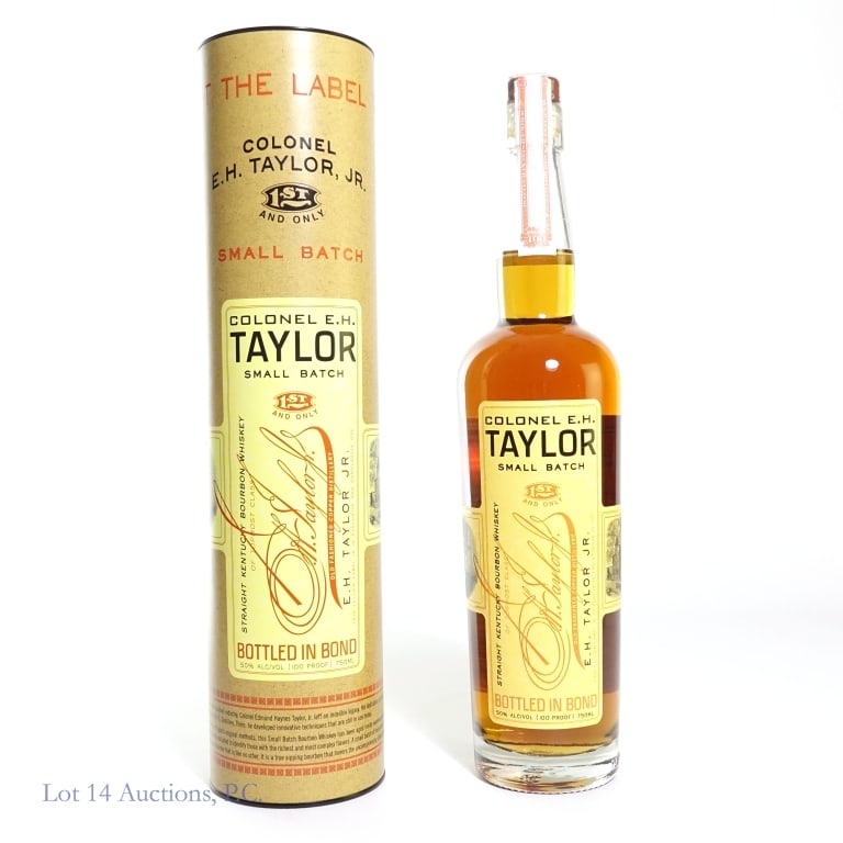 Colonel E.H. Taylor Small Batch Bourbon BIB (2024): Colonel E.H. Taylor small batch straight Kentucky bourbon whiskey. Bottled in bond (100 proof). 750 ml. Etch: L242040103:25D. Original canister, slight cut on upper part of cylinder tube.