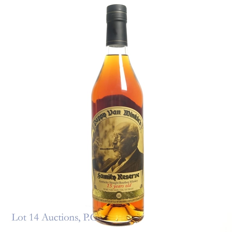 Pappy Van Winkle 15 Yr Family Res Bourbon (2024): Pappy Van Winkle 15 Year Family Reserve Bourbon (2024), 107 Proof, 750 ml. Top of back sticker peeling a little less than 1/8". Laser etch:L242600113:58D. NFC Tag authenticated via BT App.