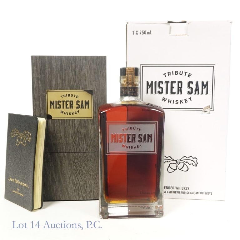 Mister Sam Tribute Blended Whiskey (2023): Mister Sam Tribute Blended Whiskey (2023), 128.8 Proof, 750 ml. Wooden case included in very good condition. "...from little acorns..." Booklet by Samuel Bronfman included. Original cardboard packagin