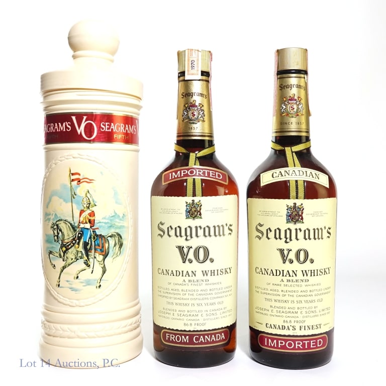 1960 / 70 Seagram's VO Whisky (1 + 1): 1 - Seagram's 6 Year VO Blended Canadian Whisky, 86.8 Proof, 750 ml, Distilled: 1960, Tax strip in good condition, but seal with date is broken and part is missing. 2 - Seagram's 6 Year VO Blended Can