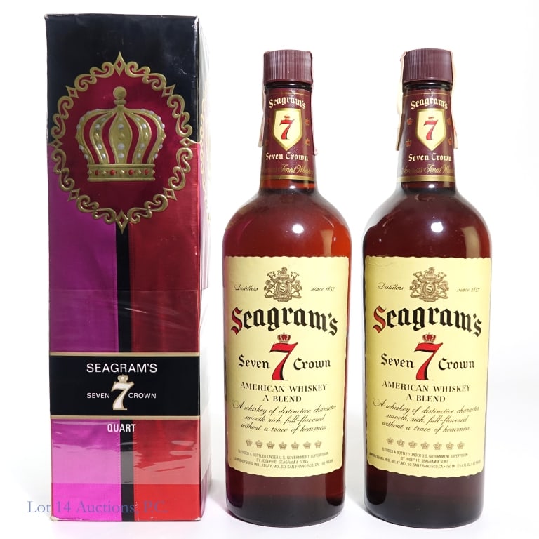 Seagram's 7 Crown Whiskey (2 + 1): Seagram's 7 Crown Blended American Whiskey, 86 Proof, 4/5 Quart, Tax strip on one bottle is peeling and a little ripped and one bottle's tax strip is in good condition. One bottle is sealed in box. Bo
