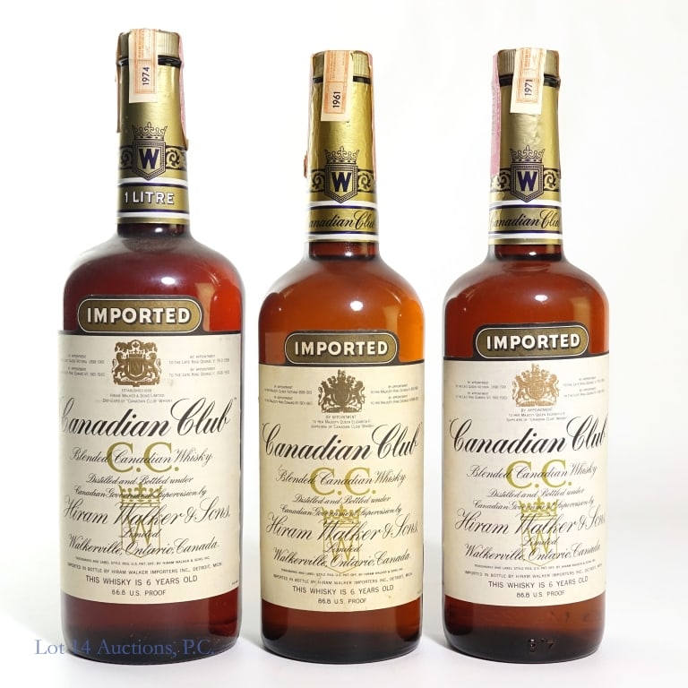 Canadian Club Whiskies (2 + 1): 1 - 1961 Canadian Club 6 year 86.8 proof, 4/5 quart. Tax strip is peeling and a little torn. 2 - 1971 Canadian Club 6 year, 86.8 proof, 4/5 quart. 3 - Canadian Club 6 year, 86.8 proof, 1 liter. Tax st